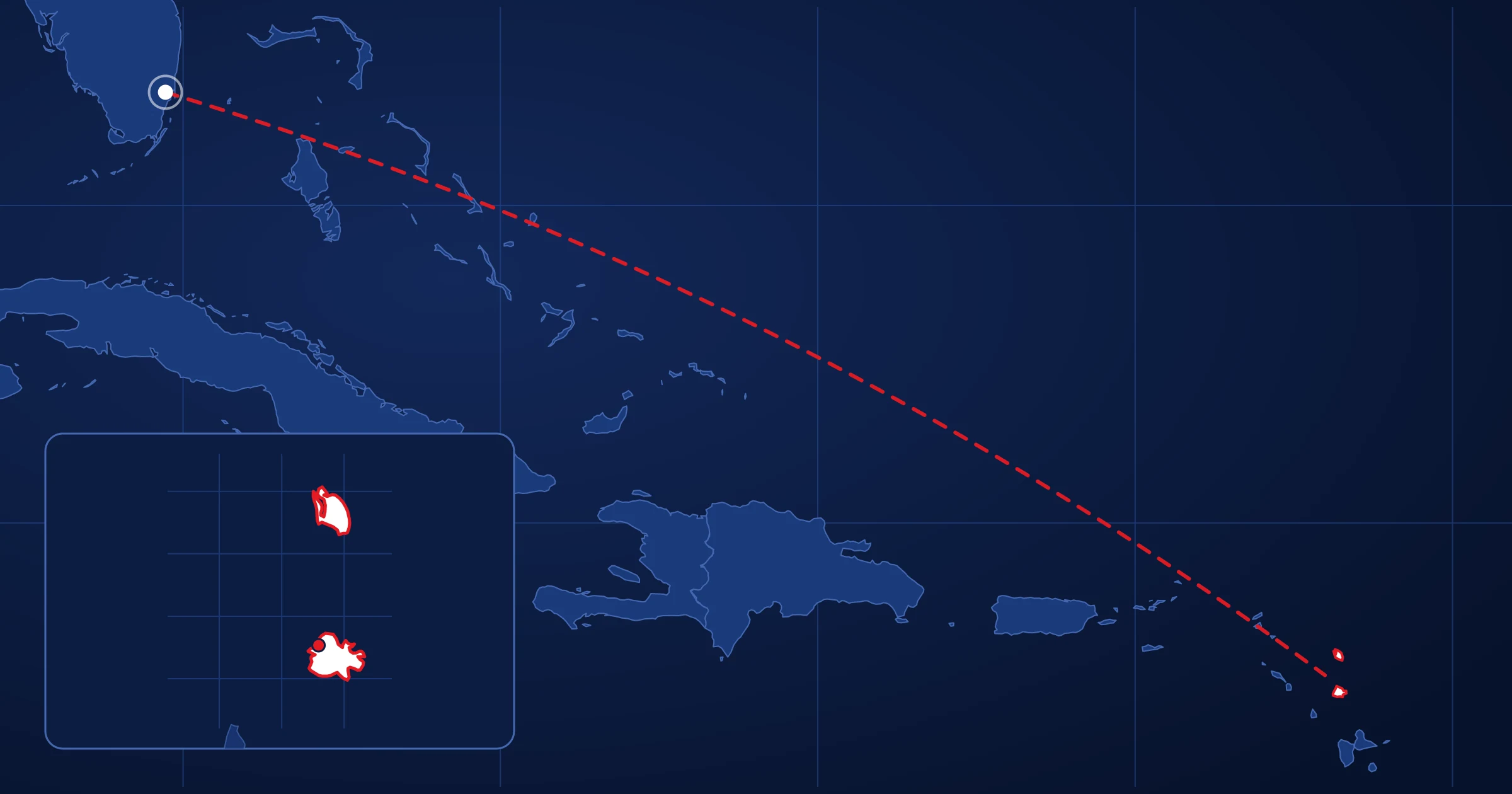 Sea route chart from our Hialeah, Florida warehouse to Antigua and Barbuda, showing the destination coastline and its ports.