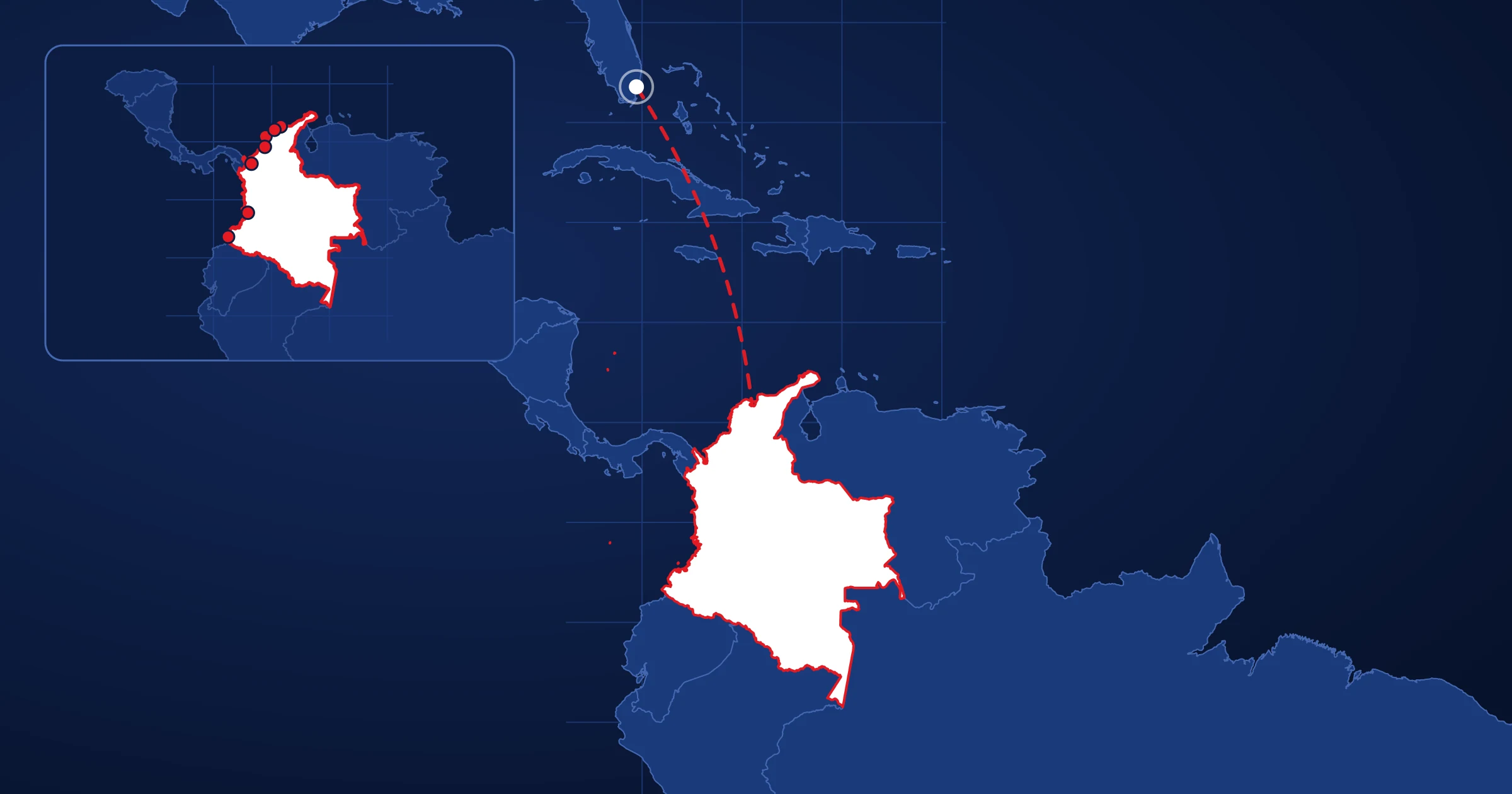 Carta de ruta marítima desde nuestra bodega en Hialeah, Florida hasta Colombia, con la costa del destino y sus puertos.