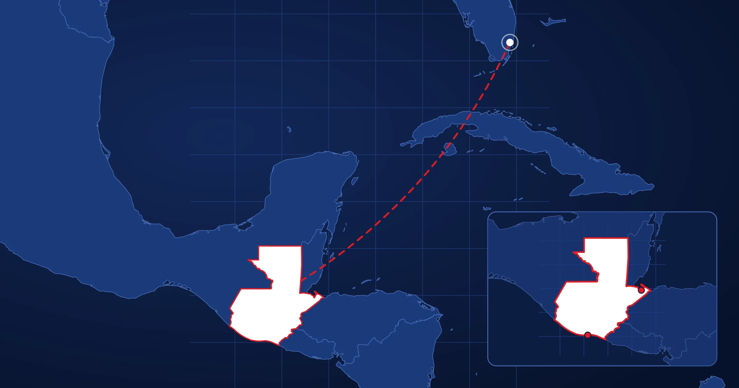 Carta de ruta marítima desde nuestra bodega en Hialeah, Florida hasta Guatemala, con la costa del destino y sus puertos.